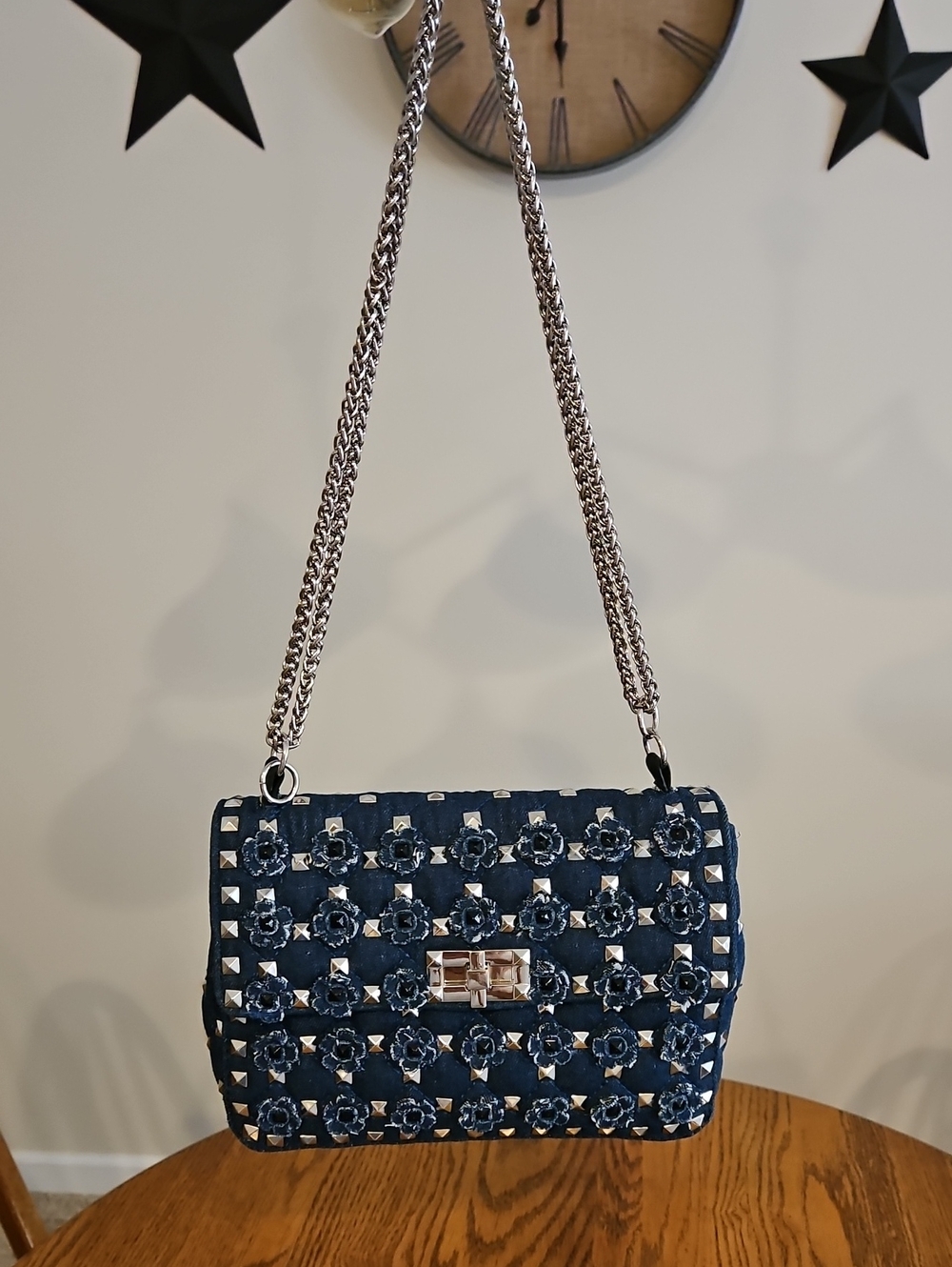 INZI Studded Denim Floral Shoulder Bag